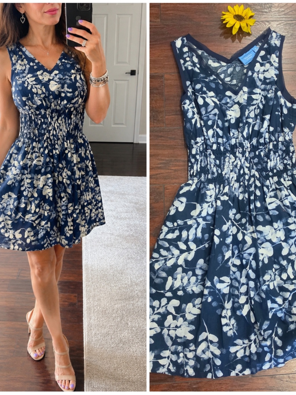 Simply Vera Vera Wang Blue White V Neck Sleeveless Smocked Waist Floral Dress M